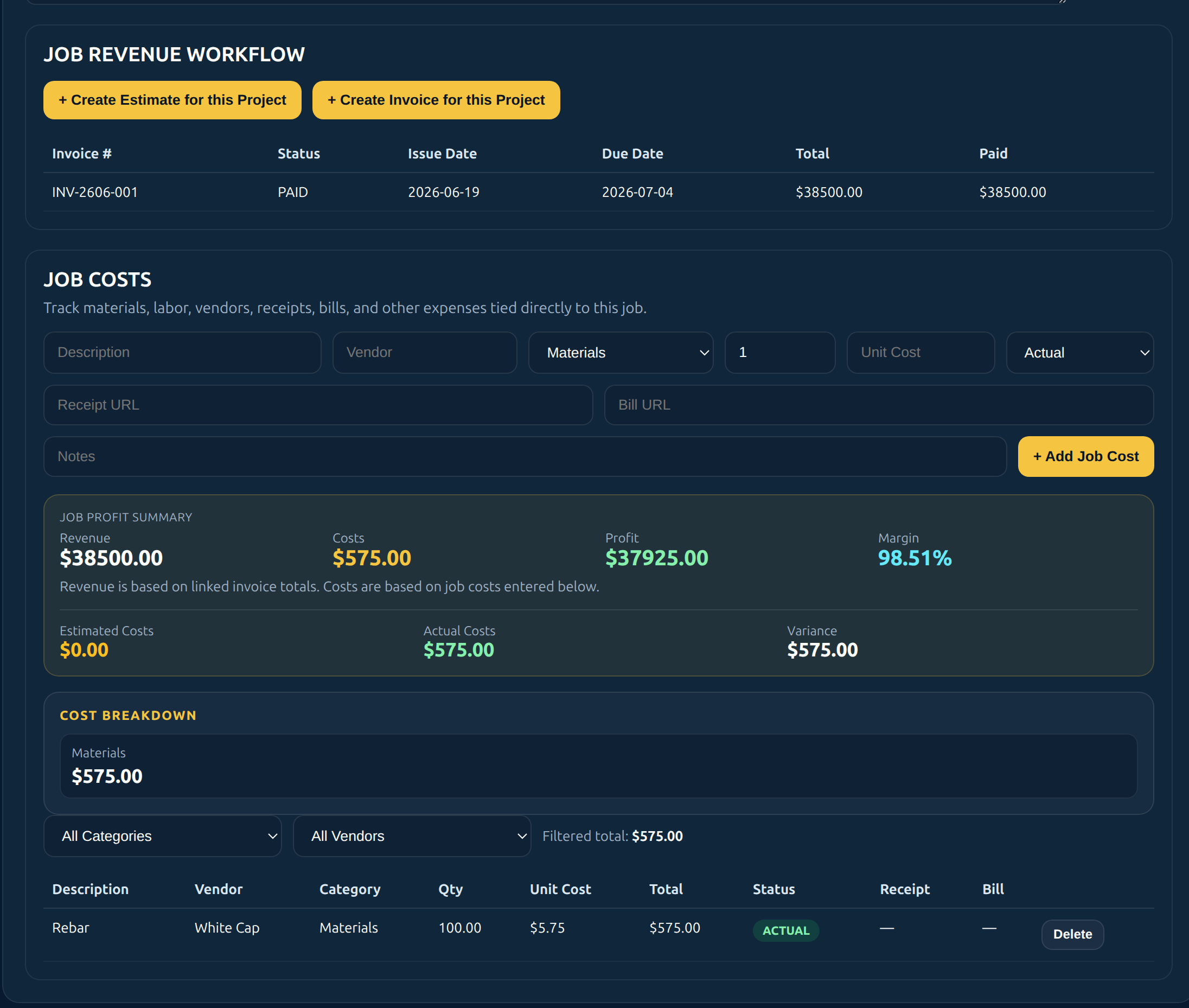 Job revenue workflow and job costs screenshot